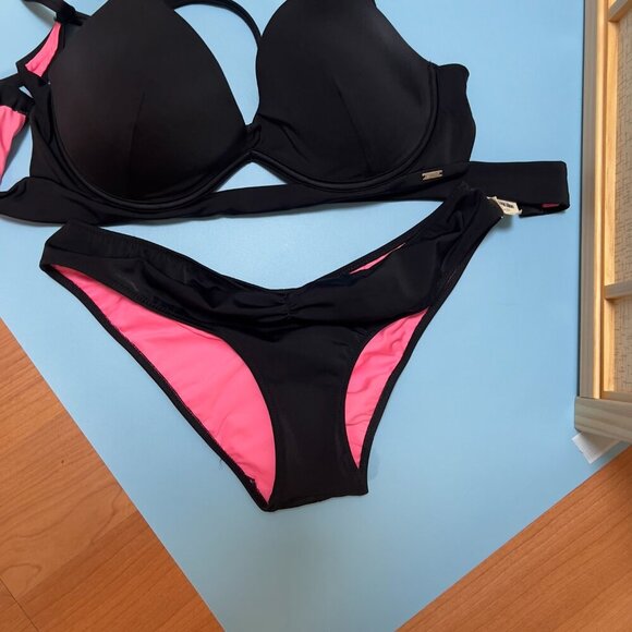 Victoria Secret Black/Pink Push Up Swimsuit Bikini Set 36C/M NEW - Picture 2 of 5